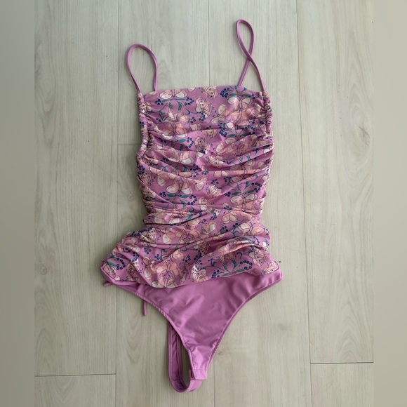 Free People Intimately Lilac Purple Bodysuit Butterfly mesh lace up size L - Picture 5 of 9